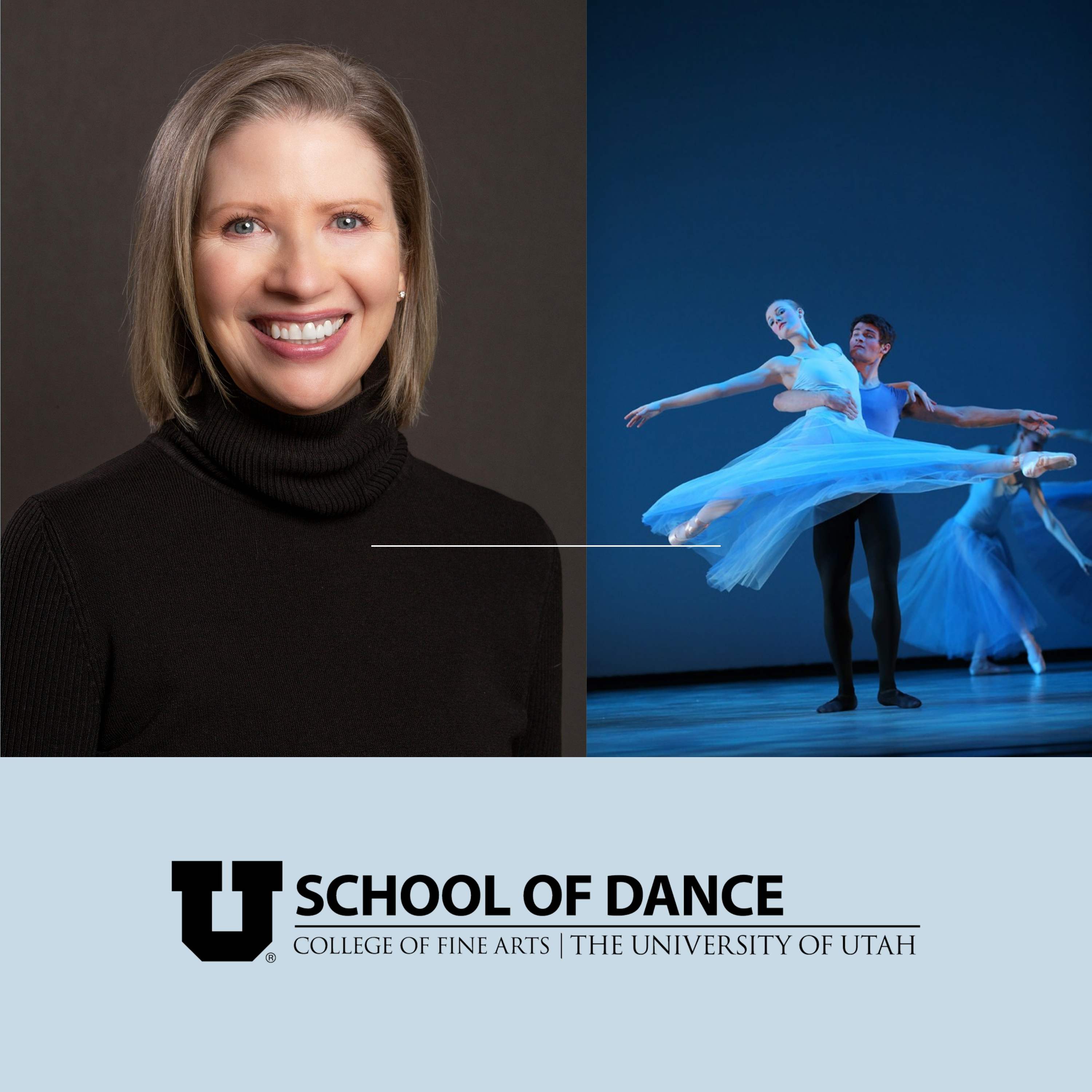 Melonie Buchanan Murray, head of the University of Utah Dance Department smiling from her head shot and also shown dancing with a male ballet dancer.