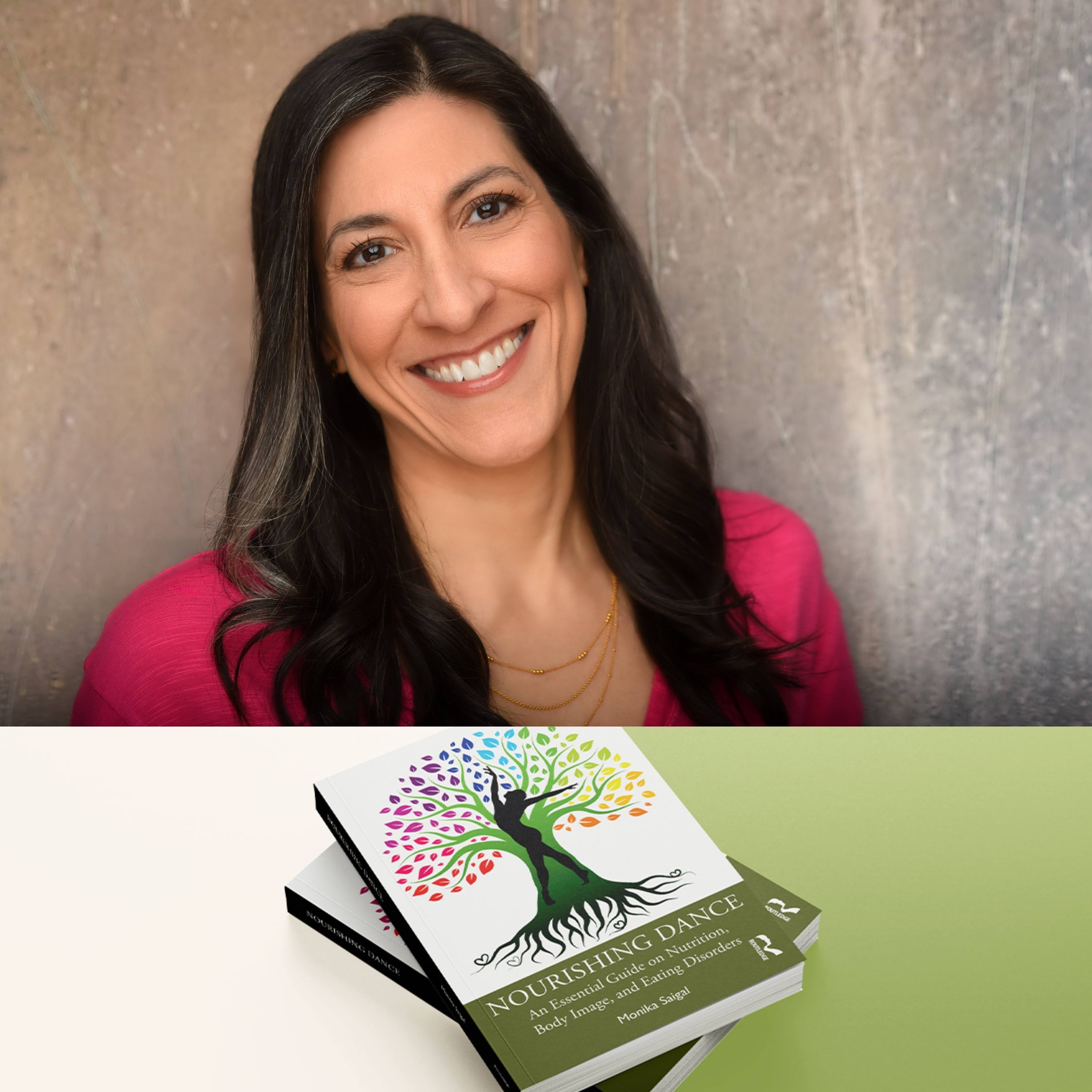 Monika Saigal, founder of To The Pointe Nutrition, shown with her book, Nourishing Dance.